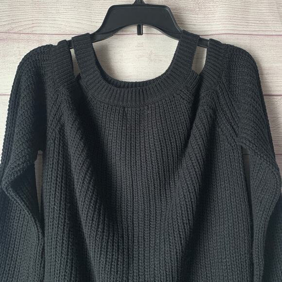 Cozy Casual Black Cold Shoulder Ribbed Knit Sweater Long Sleeves Size S/M - Picture 12 of 16